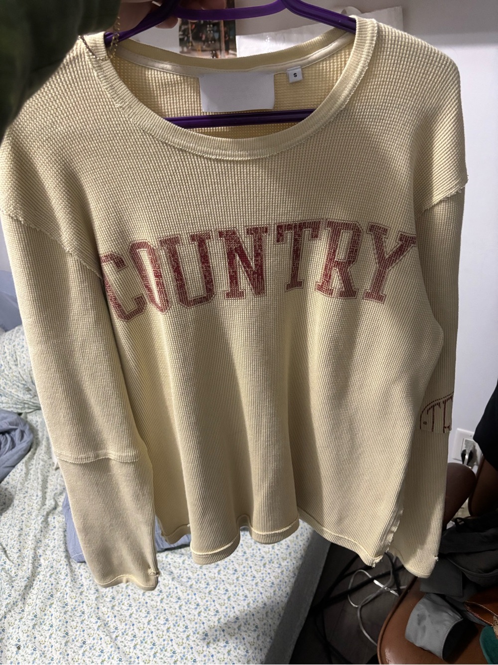 Telfar Cream Long Sleeve Thermal Tee with Red 'COUNTRY' Print